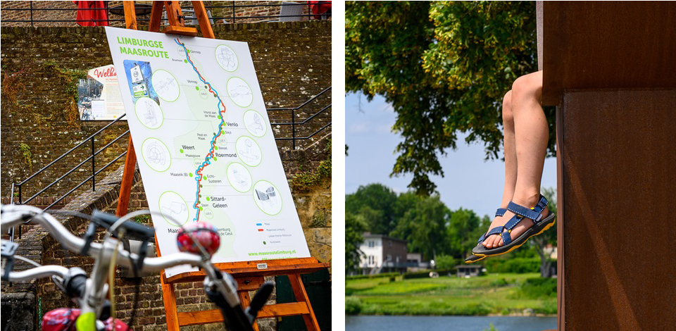 Links: overzichtsbord van de Limburgse Maasfietsroute met knooppunten en kunstlocaties, opgesteld bij een stenen trap. Rechts: close-up van bungelende benen van een kind op het kunstwerk ‘drakenzwaard’ in Reuver, met de Maas en huizen op de achtergrond.