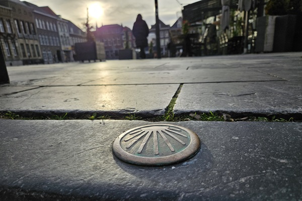 De schelp die de St. Jacobsroute aanduidt (Camino de Santiago)
