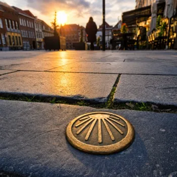Messing markering op straat met een schelp als symbool voor de pelgrimsroute, bij zonsondergang op een plein.