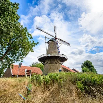 Hompesche Molen in Stevensweert, omringd door groen onder een blauwe lucht.